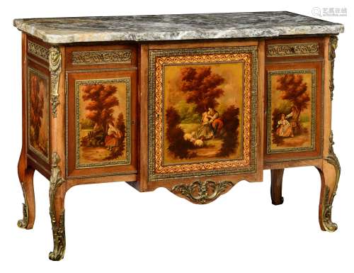 A mahogany French Transition style commode, decorated with gilt bronze mounts and a Marron Emperador