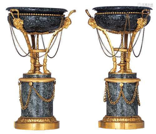 A fine pair of Hasan green granite Napoleon III vases, decorated with gilt bronze mounts of vines an