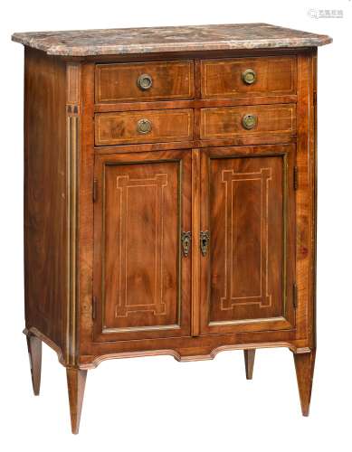 A fine mahogany veneered Neoclassical cabinet, decorated with a walnut inlaid banding, brass mounts