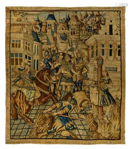 A French wall tapestry depicting Clorinda rescuing Olindo and Sophronia from the pyre, a scene out o