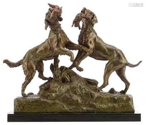 Valton Ch., two hunting dogs showing their prey, with a 'Fabrication Fran‡aise, Paris' mark, patinat