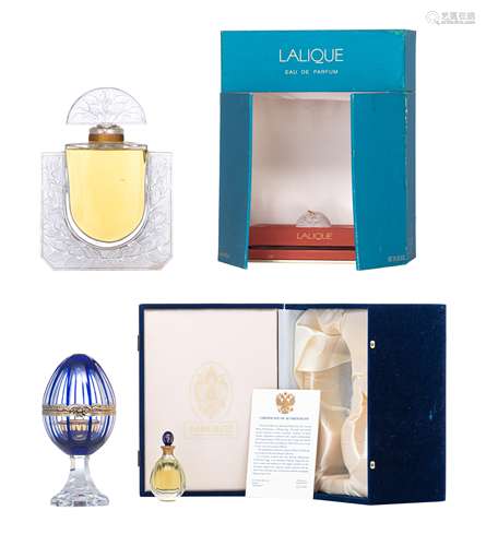 A large Lalique 20thC Anniversary Limited Edition perfume bottle, 600 ML, added a Faberg‚ egg with a