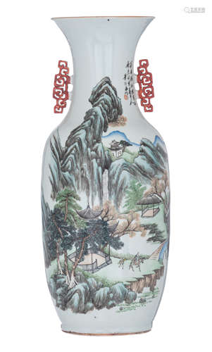 A Chinese Qianjiang cai vase, decorated with a mountainous landscape, the reverse with a signed text