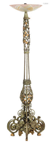 A floral-inspired polychrome and gilt painted wrought iron Art Deco standing lamp, with a polychrome