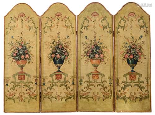 A four-panel screen, decorated with Rococo inspired abundant flower vases and birds, hand-painted on