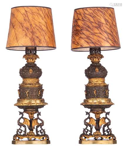 A pair of gilt and patinated bronze Renaissance inspired table lamps, H 67 cm