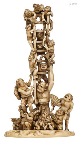 A Japanese patinated ivory okimono, depicting a jolly Oni party, signed, late Edo ? early Meiji peri