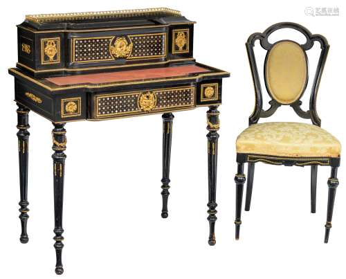 A black lacquered Napoleon III lady's writing desk ('bonheur-du-jour') with a matching chair, decora