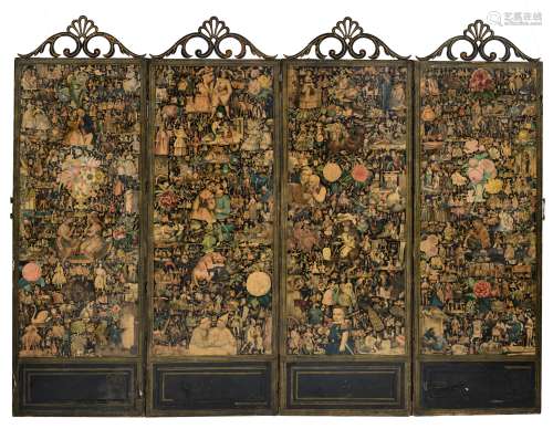 A Napoleon III ebonised wooden four-panel screen, with collages of lithographs depicting historical