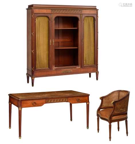 A Neoclassical mahogany veneered bureau set, consisting of a 'bureau plat', a matching armchair with