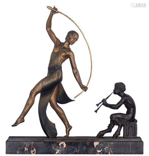 Guirande J.D., a faun playing music for a female dancer, an Art Deco patinated bronze on a noir Belg