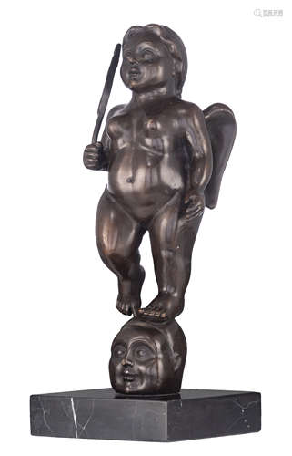 Rubin, ' El Pensamiento' bronze sculpture made as a homage to Fernando Botero, on a black marble bas