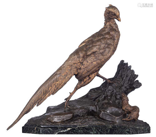 Moigniez J., the pheasant and the weasel, with a foundry mark: 'BD, Syndicat des Fabr. de Bronzes 18