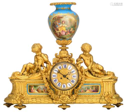 A fine Neoclassical ormolu bronze mantle clock, decorated with 'blue c‚leste' ground SŠvres porcelai