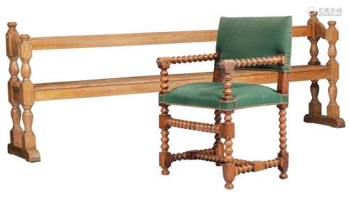 An 18thC Flemish oak choir-stall, H 85 - W 240 - D 44 cm. Added: a matching walnut Baroque armchair,