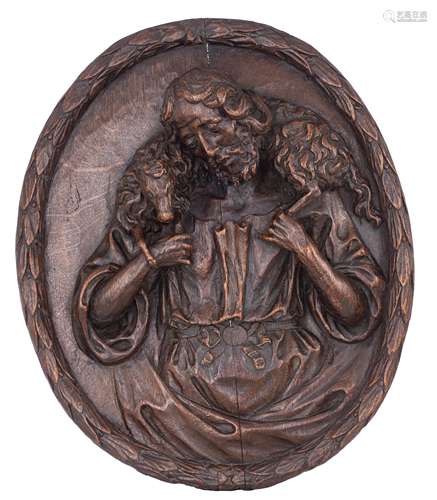 An oak relief medallion, depicting 'The Good Shepherd', the Southern Netherlands, 18thC, H 50 - W 42