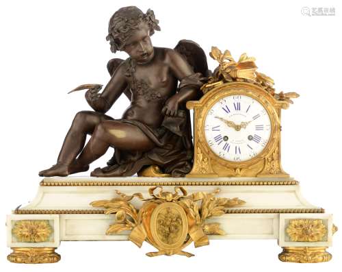 A fine Carrara marble, gilt and patinated bronze mantle clock, with on top an allegory on literature
