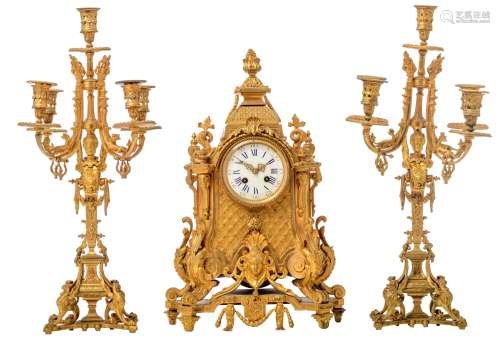 A Renaissance style three-piece gilt bronze garniture clock, the work marked 'med. d'honneur Japy Fr