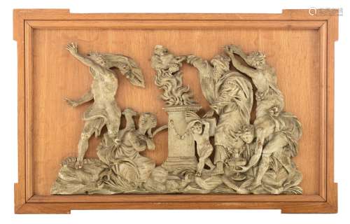 A richly alto-relievo carved and patinated wooden mythological scene, depicting Tiresias appearing t