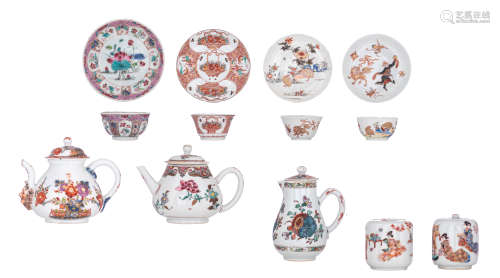 A Chinese famille rose export porcelain teapot and cup and saucer, the cup and saucer decorated with