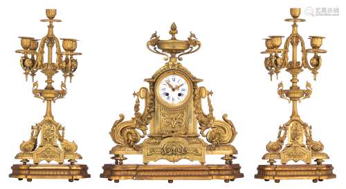 A fine Neoclassical gilt bronze three-piece mantle clock, the inside mechanism marked 'Vincenti et C