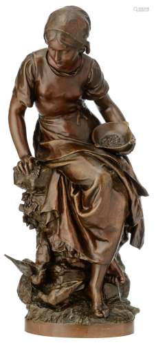 Moreau M., a girl feeding the birds, 'Hors Concours', patinated bronze, H 60 cm