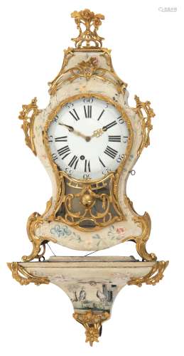 A Rococo Vernis Martin cartel clock decorated with birds and flowers, gilt bronze mounts and an enam