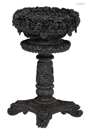 A very finely carved floral decorated exotic hardwood Anglo-colonial jardiniere, H 83 - › 54 cm