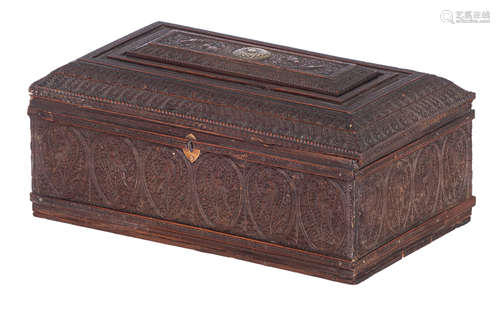 A fine sandalwood casket, relief decorated with parrots and foliage, Mysore Anglo-Indian, 19thC, H 1