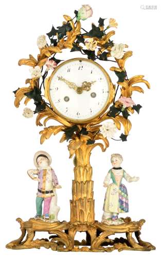 A fine Louis XV gilt bronze palm tree-shaped mantle clock, floral decorated with gilt bronze and gre