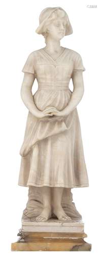 Michelotty A., a maiden, Carara marble sculpture on an alabaster base, H 42,5 cm,