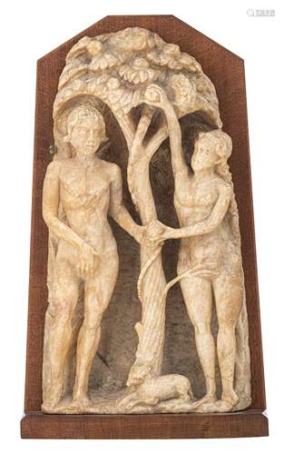 An Alabaster figural group, depicting Adam and Eve in the Garden of Eden, possibly Malines (?), 16th