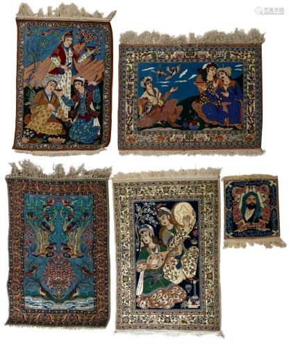 Three Oriental Isphahan rugs, decorated with figures in a landscape. Added: a ditto rug depicting pa