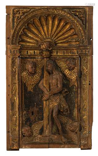 A Renaissance gilt and polychrome painted sacristy chest door, the bas relief depicting an Ecce Homo