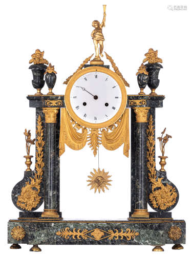 A Louis XVI vert de mer marble pendulum mantle clock, decorated with ormolu bronze mounts of palmett