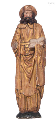 A polychrome painted oak sculpture of Saint James the Great, 16thC, Flemish, on a red velvet upholst