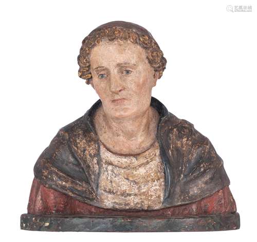 An exceptional Italian Renaissance bust of a young man, polychrome painted limewood, 16thC, H 39,5 -