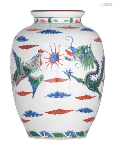 A Chinese polychrome decorated ?dragon and phoenix? jar, 20thC, H 36 cm