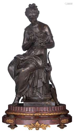 Moreau M., 'Diana', patinated bronze on a rouge Napoleon marble base with gilt bronze Neoclassical m