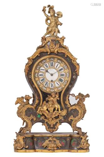 A Napoleon III Rococo Revival cartel clock, with inlaid flower decoration of brass and mother-of-pea