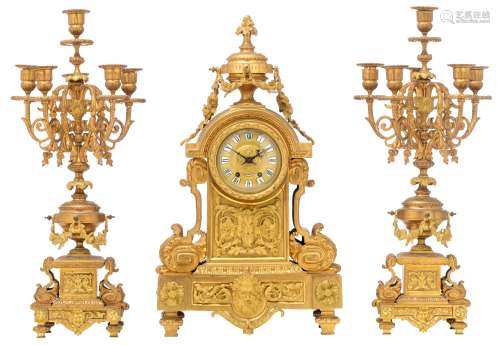 A Renaissance Revival three-piece gilt bronze garniture clock, the dial marked Gall‚s … Toulouse, th