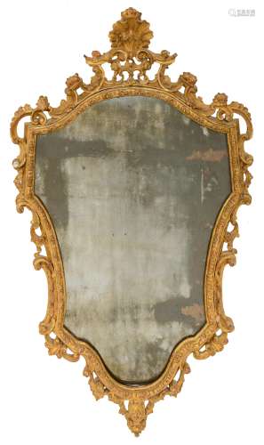 A gilt and finely carved Baroque Venetian wall mirror, decorated with shells and volutes, 18thC, H 1