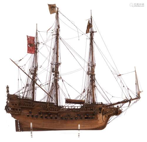 The 'Neptune', a 19thC ship model of a 17thC Spanish galleon, on a plexiglass base, H 110 - W 117 cm