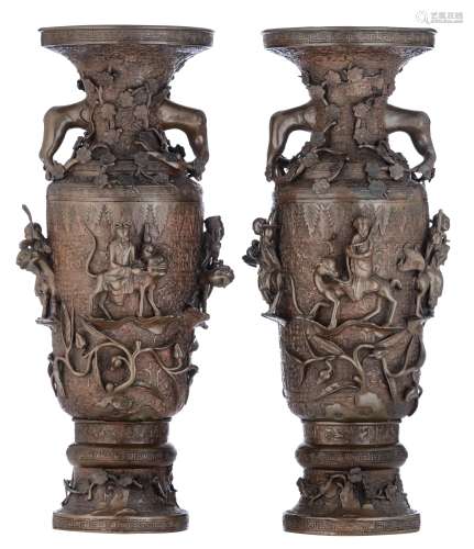 A fine pair of Chinese bronze vases, the body finely moulded with Immortals riding on mythical beast