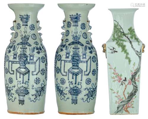 A Chinese Republic period famille rose fanghu quadrangular vase, one panel decorated with birds on f