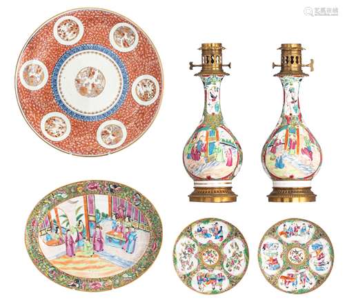 Three Chinese Canton famille rose dishes and two ditto bottle vases with gilt bronze mounts, the pan