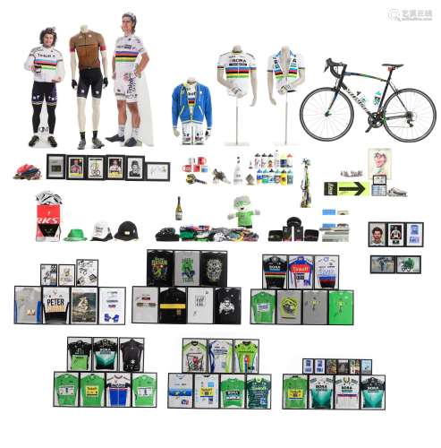An impressive collection of Peter Sagan collectables, containing mostly signed cycling jerseys, caps