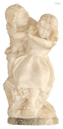 D'Aste J.,ÿa little boy teasing a girl, Carrara marble and alabaster, H 54,5 cm