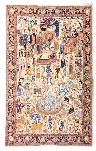 An Oriental rug depicting in the centre a procession surrounded by exotic and mythical animals, 249
