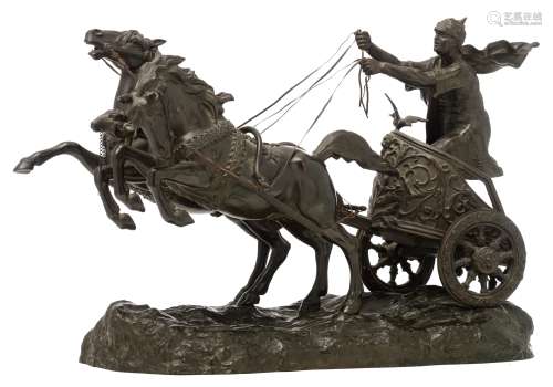 Illegibly signed, a patinated bronze sculpture of a Roman soldier driving a chariot, H 45 - W 64 cm
